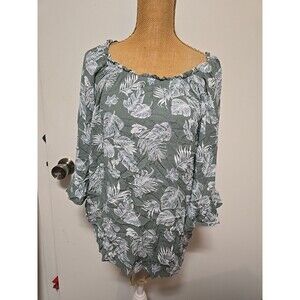 Late August Top LARGE GREEN Stretch Floral LEAFS 3/4 Sleeve Blouse Shirt